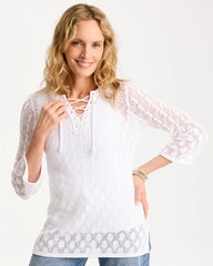 Chico's Cotton-Linen Lace Notch-Neck Sweater