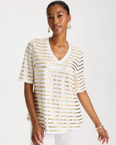 Chico's Striped Cotton Slub V-Neck Tee