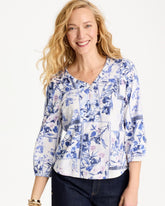 Chico's Elle Puff Sleeve Cotton Slub Henley Tee
