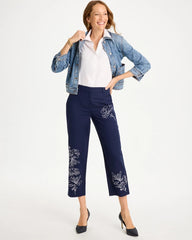 Chico's Embroidered Linen Fly Front Pants