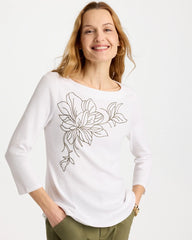 Chico's Embroidered Pima 3/4 Sleeve Tee