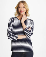 Chico's Striped Cotton Slub 3/4 Sleeve Button Tee