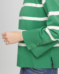 Chico's Striped Button Sleeve Crewneck Pullover Sweater