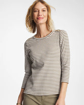 Chico's Striped Ribbed Button Crewneck Tee