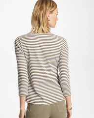 Chico's Striped Ribbed Button Crewneck Tee