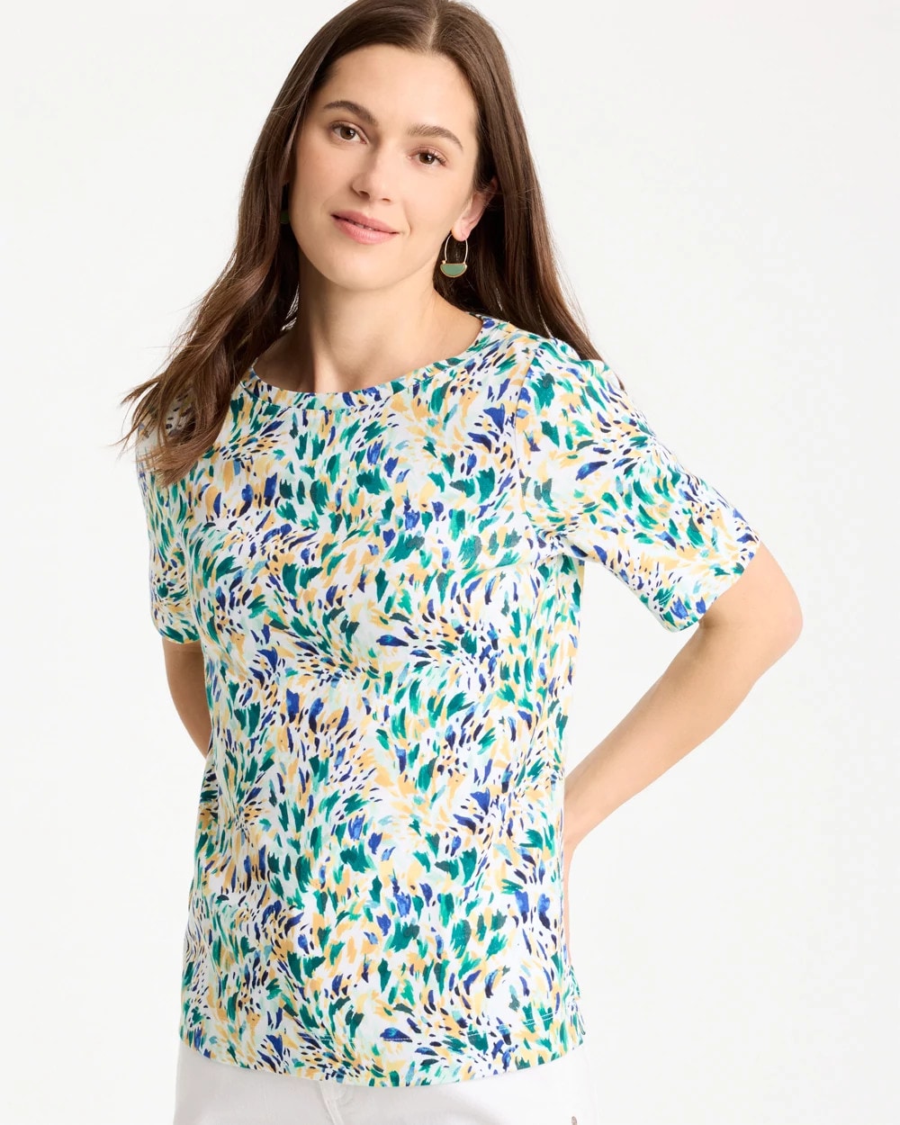 Chico's Leafy Swamp Pima Elbow Sleeve Tee