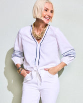 Chico's Cotton Gauze Embroidered Tie-Front Blouse