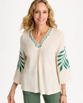 Chico's Linen Palm Embroidered Pleated Tee