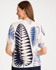 Chico's Leaf Print Linen Ruched V-Neck Tee