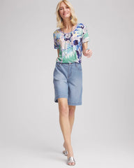Chico's Tropical Nights Sweater-Trim Linen Tee