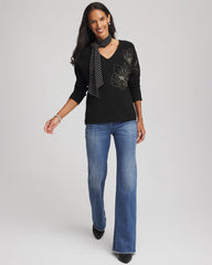 Chico's Floral Embellished Dolman V-Neck Pullover