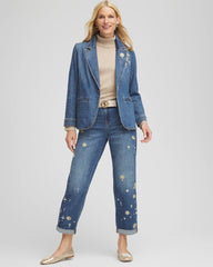 Chico's Pearl Brooch Denim Blazer