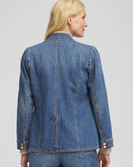 Chico's Pearl Brooch Denim Blazer