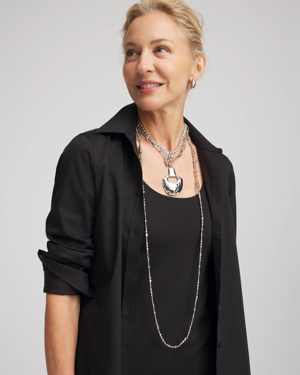 Chico's Silvertone Long Beaded Necklace