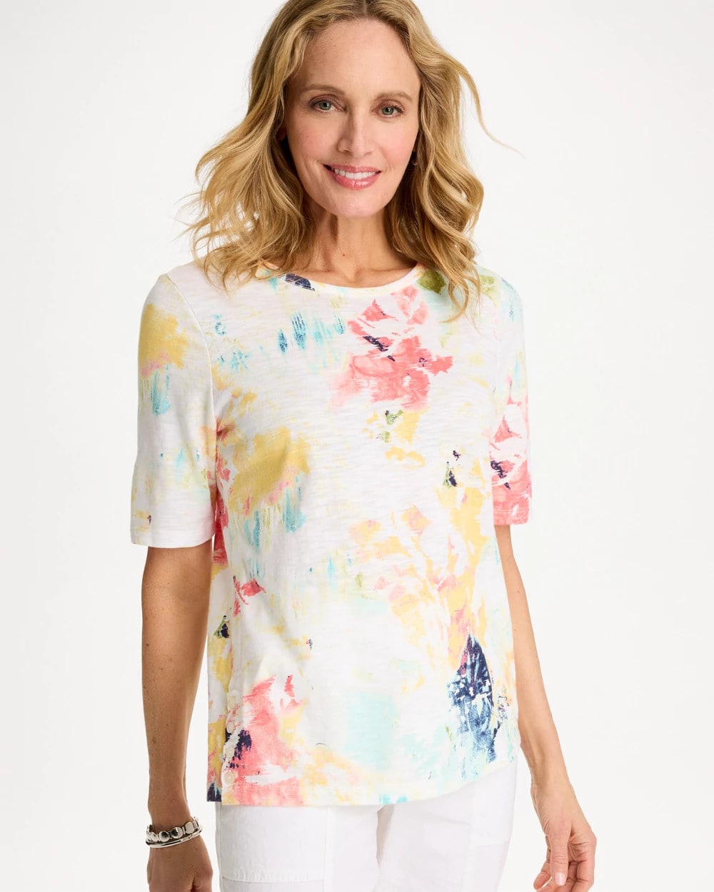 Chico's Cotton Slub Printed Henley Tee