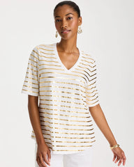 Chico's Striped Cotton Slub V-Neck Tee