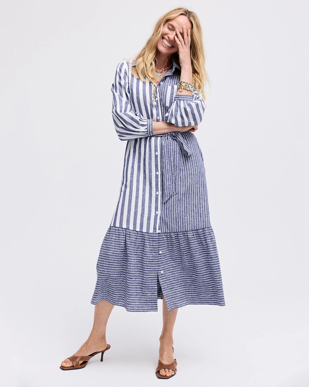 Chico's Linen-Cotton Striped Shirtdress