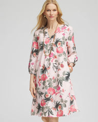 Chico's Floral Linen Pintuck 3/4 Sleeved Dress