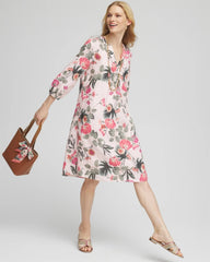Chico's Floral Linen Pintuck 3/4 Sleeved Dress