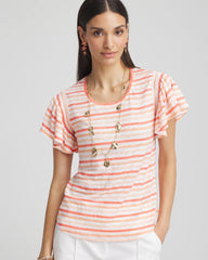Chico's Striped Linen Smocked Flutter-Sleeved Tee