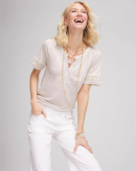 Chico's Linen Lace-Cutwork Sleeve Henley Tee