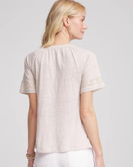 Chico's Linen Lace-Cutwork Sleeve Henley Tee