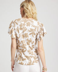 Chico's Linen Leaf Print Flutter Sleeve Tee